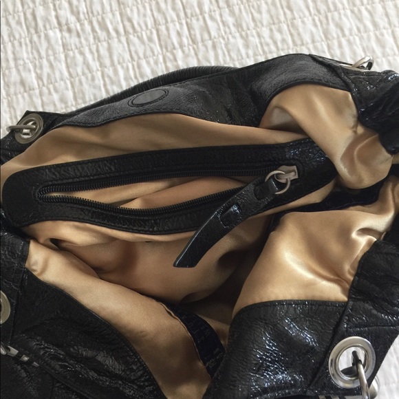 EUC Stuart Weitzman black hobo distressed patent leather satchel - Picture 7 of 14